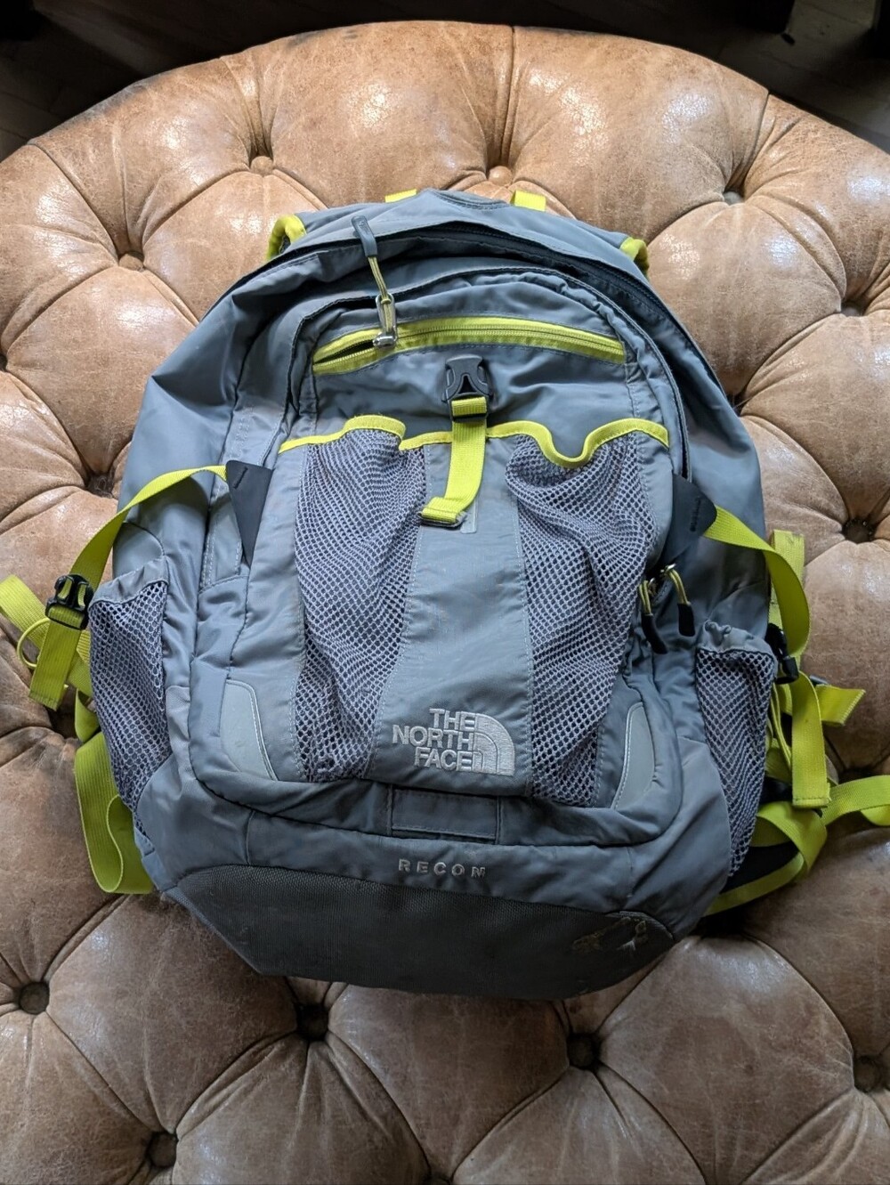 The North Face Gray & Lime Recon Backpack Chest And Hip Strap Laptop Sleeve